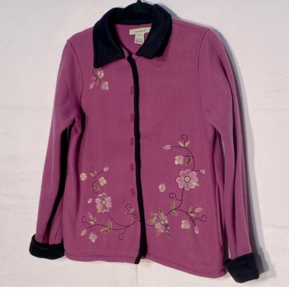 Vintage Crossroads Pink Fleece Embroidered Button  Up Cardigan S Cottagecore